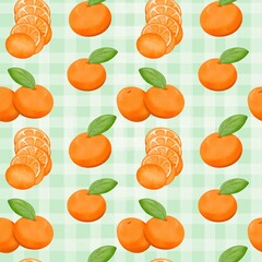 Seamless pattern with summer picnic and  Orange on pastel Green