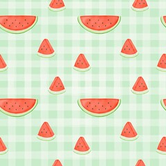 Seamless pattern with summer picnic and  Watermelon on pastel Green