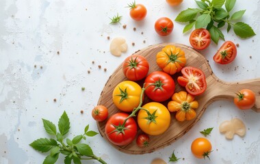 Fresh Red and Yellow Tomatoes on Textured White Table