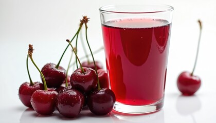Fresh testy cherries with glass of juice. Juicy red berries and sweet drink for healthy eating, summer mood, desserts, food, healthy diet. Fresh ripe fruits and beverage for advertising.