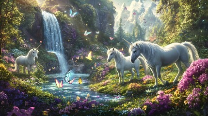 A serene meadow filled with grazing unicorns, magical flowers blooming, and glowing butterflies near a waterfall
