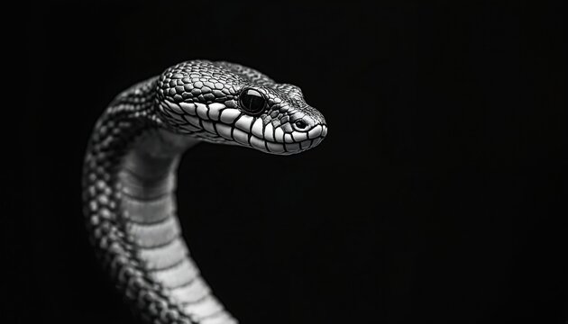 Close-up monochrome shot of cobra snake on black background. Predator details textured scales, focused eye contact, snake head. Dangerous wildlife animal. Isolated serpent with venom.