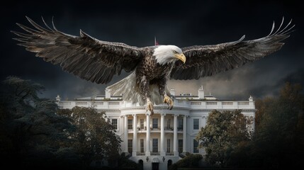 The background is a huge American flag, with the White House on the front right and a composite image of a bald eagle in the air with its wings and claws spread out, ready to attack,