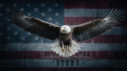 The background is a huge American flag, with the White House on the front right and a composite image of a bald eagle in the air with its wings and claws spread out, ready to attack,