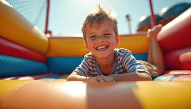 Happy boy enjoys amusement park inflatable bouncy castle. Smiling child laughs at sunny day, playing, jumping. Joyful kid on playground, having fun at holiday leisure activity.