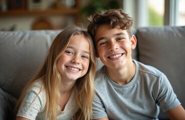 Smiling siblings sit closely on couch in cozy living room. Natural light fills room, creating warm, inviting ambiance. Children share joyful moment, bonding through innocent smiles, playful