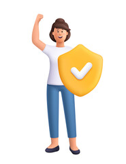 Confident woman Jane standing with one arm raised in triumph and holding a golden shield with checkmark symbol. Protection, insurance concept. 3d vector people character. Cartoon minimal style.