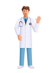 Smiling male doctor James wearing a white lab coat and stethoscope, waving gesture Healthcare, medicine, telemedicine and medical services concept. 3d vector people character. Cartoon minimal style.