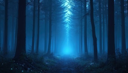 Night forest landscape. Blue-toned image of tall trees, path illuminated with bright light in the distance. Artistic illustration with mysterious mood, fantasy art wallpaper.