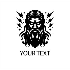 Vector logo of Zeus face with lightning strike, mythological thunder god in bold black line art, isolated on white background