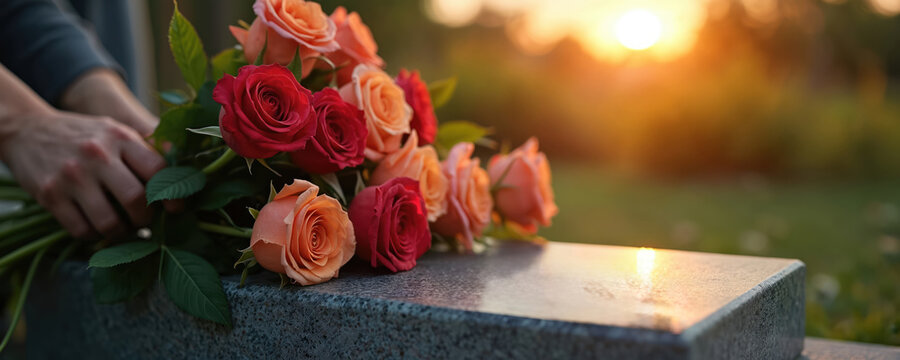 Hand places colorful roses on memorial stone during sunset. Symbol of remembrance tribute, loss. Flowers on grave. Memory concept. Peaceful atmosphere, funeral, mourning, grief. Blooming flowers at