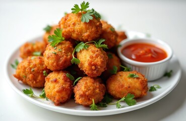 Fototapeta premium Crispy fried chicken pakora appetizer served with spicy dipping sauce, cilantro on white plate. Indian cuisine snack. Closeup tasty meal for lunch dinner. Delicious crunchy food.