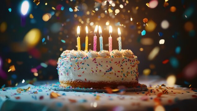 Cinematic image of a birthday cake with candles surrounded by confetti on a table, against a celebration background.