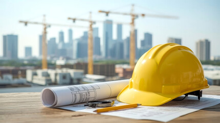 Fototapeta premium Concept of construction and design, blueprints, bright yellow hard hat, rolled-up blueprints, a compass, and a yellow pencil are neatly laid out on a wooden desk or table in the foreground.
