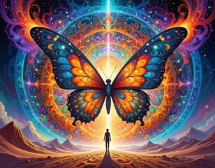 Giant colorful butterfly in a cosmic mandala setting with a person standing in awe. The butterfly's wings are a kaleidoscope of vibrant colors, contrasting with the desert landscape and starry sky.