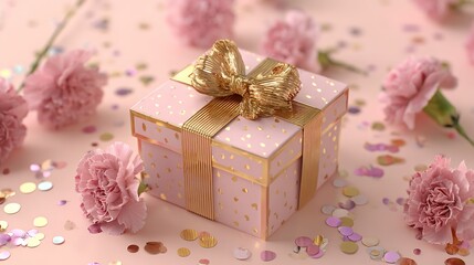 Pink and Gold Gift Box with Carnations and Confetti.
Pink and Gold Gift Box with Carnations and Confetti



