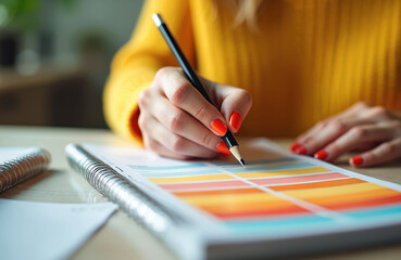 Woman writes in colorful budget planner with pencil. Business finance, expense planning, money saving concept. Woman hand writing, drawing with pencil. Creative visual idea for budget.