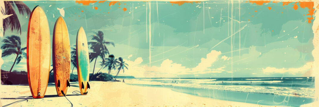 Panorama view of surfboard on tropical beach background. Vintage tone color style. Generative ai