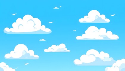 Cartoon clouds in a vivid blue sky.