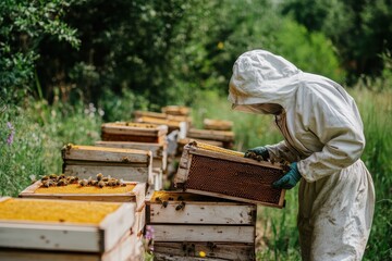 Beekeeper Inspecting Bee Hive Frames in Lush Green Apiary Setting