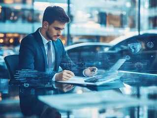 Businessman Analyzing Data: Modern Office, Technology, Financial Report, Strategic Planning, Laptop, Digital Transformation