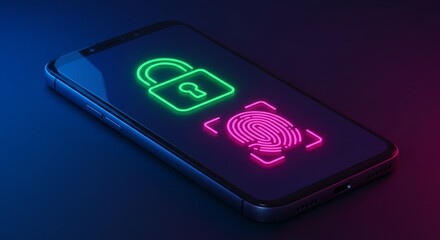 Smartphone with lock icon and fingerprint scanner, neon interface style