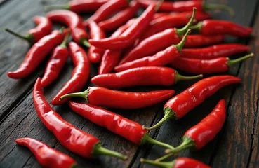 Fresh ripe red chili peppers on dark wooden rustic background. Culinary spicy ingredient for preparing hot dishes. Vegetarian food, seasoning with vitamins for healthy lifestyle.
