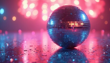 Obraz premium Sparkling disco ball reflects pink blue bokeh lights on glittering dance floor. Celebrate party music club nightlife with retro vibes. Shiny sphere with colorful blurred background for night club