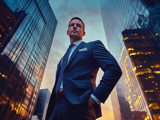 Confident Businessman in Modern Cityscape: Urban Professional Success