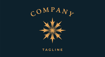 Elegant Logo Illustration with Floral Emblem and Gold Text on Navy Blue Background