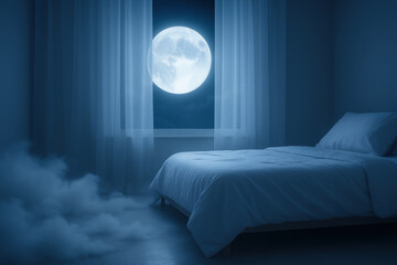 Fototapeta premium Serene bedroom illuminated by bright full moonlight through window, with mysterious fog creating a dreamy and tranquil nighttime mood