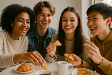 Diverse group of young friends enjoying breakfast together, smiling and sharing pastries and tea in a bright modern indoor setting