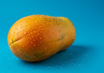 Close up of a papaya with water droplets on a blue background in a studio lighting environment setup