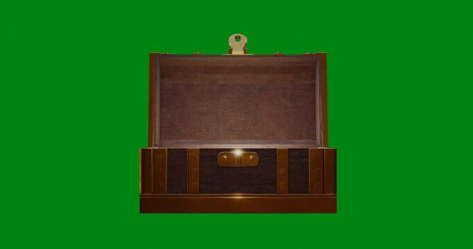 Open old small wooden treasure box golden metal edge open and empty front view on green background 3D rendering
