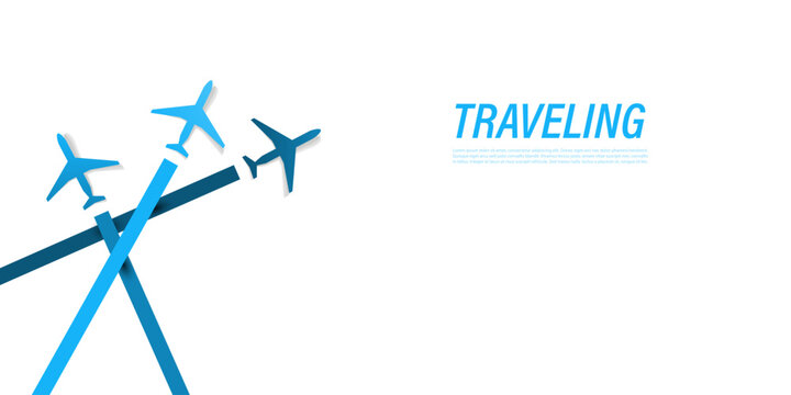 Minimal vector illustration of three blue airplane silhouettes on a white background with copy space and text TRAVELING. Perfect for air travel ads, vacation web banners or modern travel concepts.
