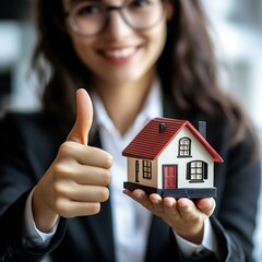 Real Estate Agent Showing Thumbs Up with House Model