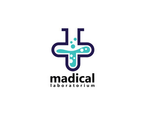 laboratory, pharmacy, medical logo, lab bottle shape plus medical, logo design inspiration