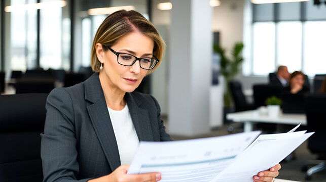 Mature businesswoman in modern office reviews financial documents. Serious focus on documents. Pro business attire. Modern office environment. Possible scenarios include company analysis, investment
