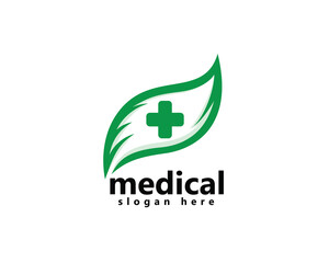 laboratory, pharmacy, medical logo, leaf with plus medical in the middle, logo design inspiration