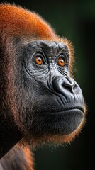 Obraz premium Close-up portrait of a gorilla's head, showcasing its reddish-brown fur, intense gaze, and dark facial features against a blurred background