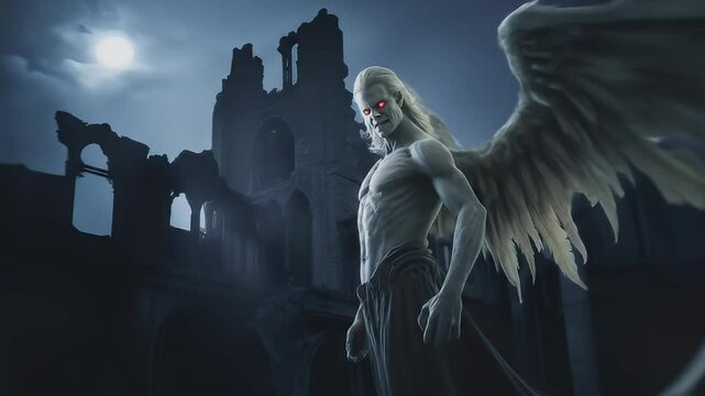 Evil angel in pale glow standing on cathedral ledge