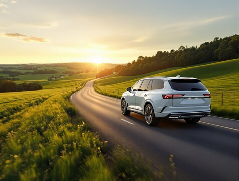 Fototapeta White SUV driving on countryside road during sunset with green hills and trees surrounding the winding asphalt highway scene. Ai generative.