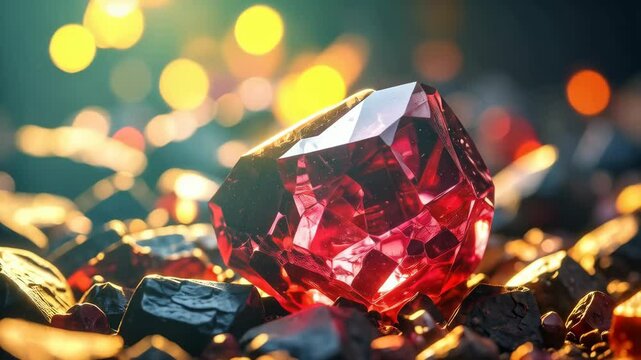 A glittering red ruby jewel stone sits among small coal rock piles, with bokeh light shining from background.