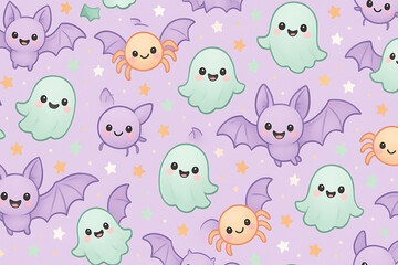 Cute halloween pattern with bats ghosts and spiders for background decor