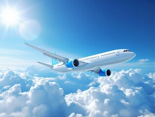 Obraz premium Commercial airplane flying above clouds in bright blue sky with sunlight and clear atmosphere, illustrating modern air transport concept.