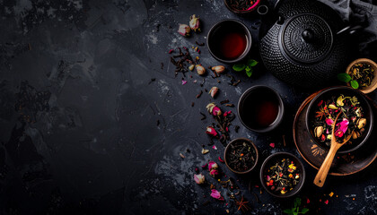 arrière-plan thé, théière, tasse, fruit et fleur aromatique, vue de dessus