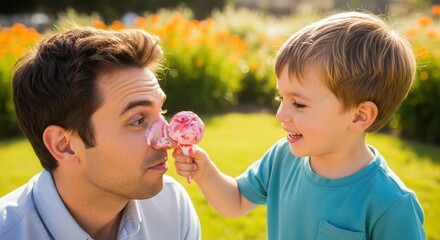 Obraz premium A happy child playfully smears strawberry ice cream on a man's nose in a sunny park, a concept of fatherhood and summer fun.