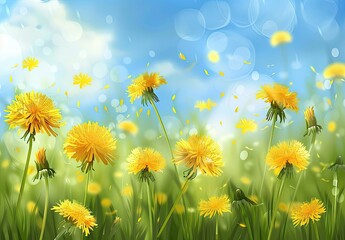 The freshness of spring captured in a meadow dotted with yellow dandelions and seeds gently drifting in the breeze.