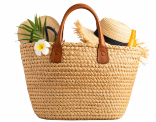 Summer Beach Bag with Hats and Relaxation Essentials for Vacation