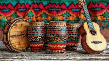Colorful handcrafted percussion instruments and guitar on rustic wood, vibrant background